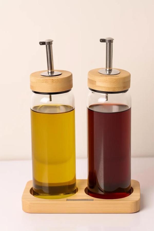 Bambu Kapaklı Cam Yağlık & Sirkelik Seti – 2'li Standlı 300ml - Image 1