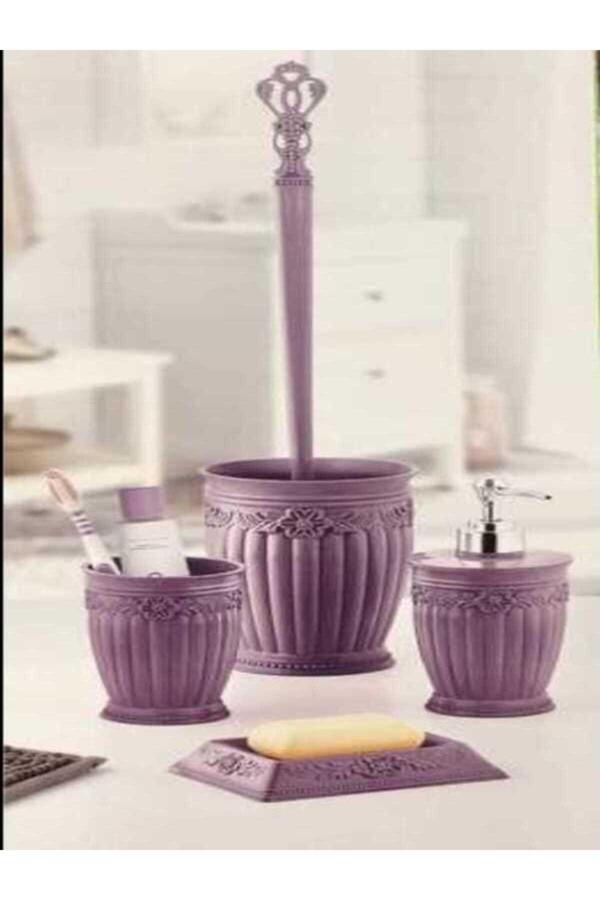 Kizilelmada Pastel Mor Vintage 4 Parça Banyo Aksesuar Takımı – Klasik Ve Şık - Image 1