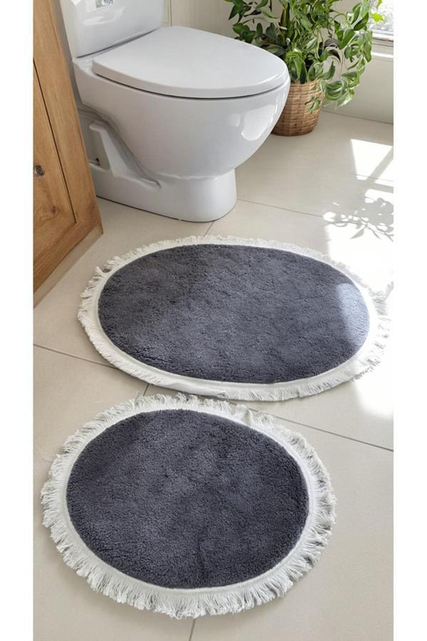 My Sweet Home Yumuşak Dokulu, Kaydırmaz Taban Gri 2’Li Oval Paspas Seti – Lüks Banyo Konforu - Image 1