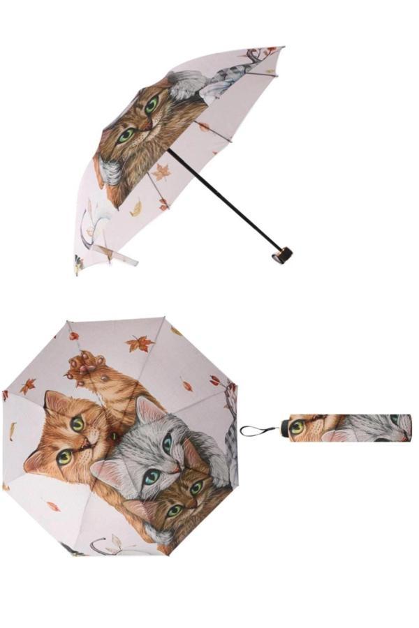 Kizilelmada Sağlam Kedi Desenli Şemsiye – 66 Cm Açılır, 24 Cm Katlanır, Pratik Kullanım - Image 1