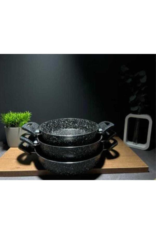 Kizilelmada Dayanıklı Siyah Granit 3’Lü Tava Seti (20-22-24 Cm) – Isıya Dayanıklı, Şık Tasarım - Image 1