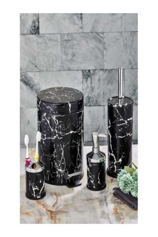 Kizilelmada Modern Siyah Desenli 4 Parça Banyo Seti – Şıklık Ve Dayanıklılık - Image 1