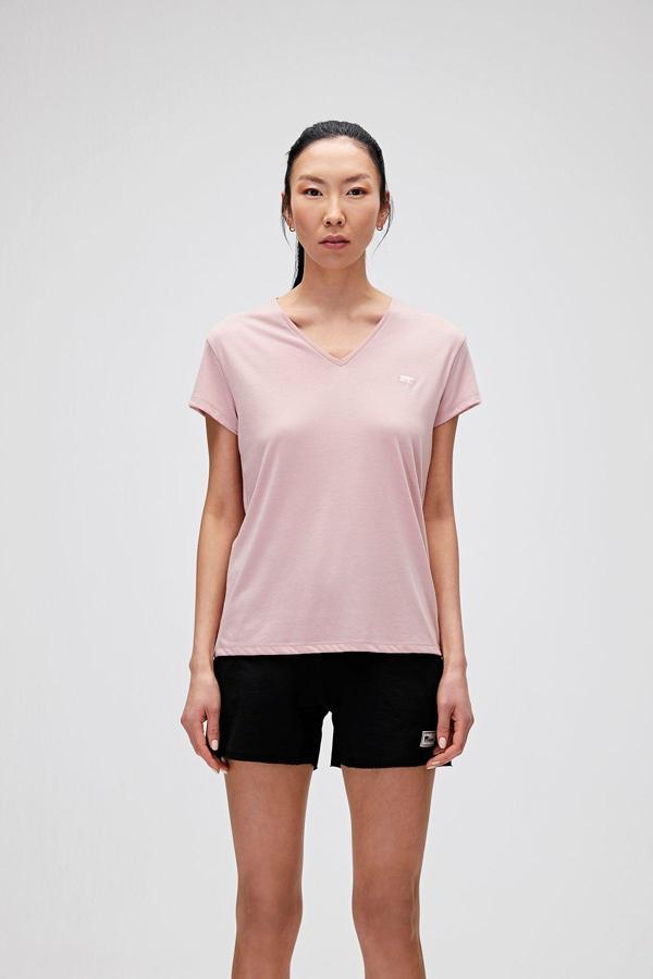 Violet V-Neck T-Shirt Pudra Pembe Basic Kadın Tişört - Image 1