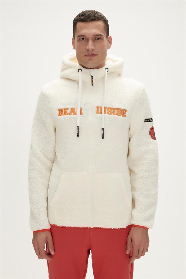 Shaggy Plush Full-Zip Marshmallow Beyaz Peluş Erkek Kapüşonlu Sweatshirt - Image 1