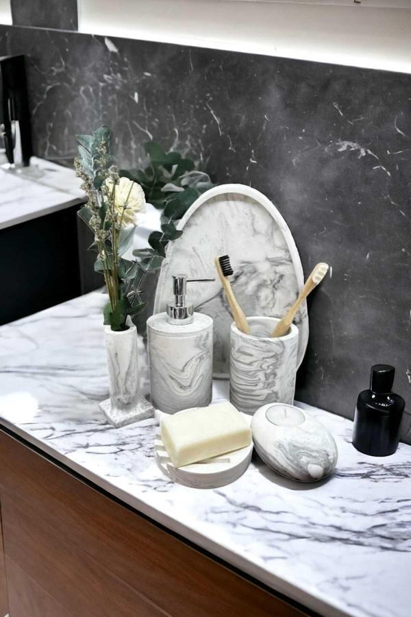 Trust Stone 6'Lı Mermer Desen Beton Banyo Seti,Sabunluk,Diş Fırçalığı,Aksesuar,Mumluk,Tütsülük,Tepsi,Dekorasyon - Image 1