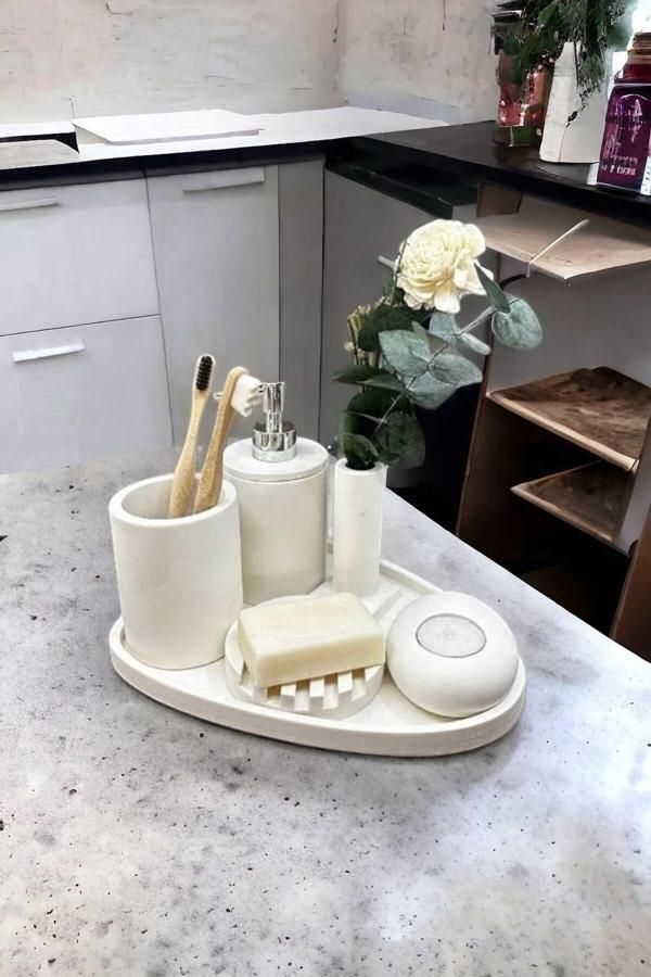 Trust Stone 6'Lı Kırık Beyaz Beton Banyo Seti Sıvı Sabunluk Diş Fırçalığı ,Tepsili,Mumluklu Aksesuar Takımı - Image 1