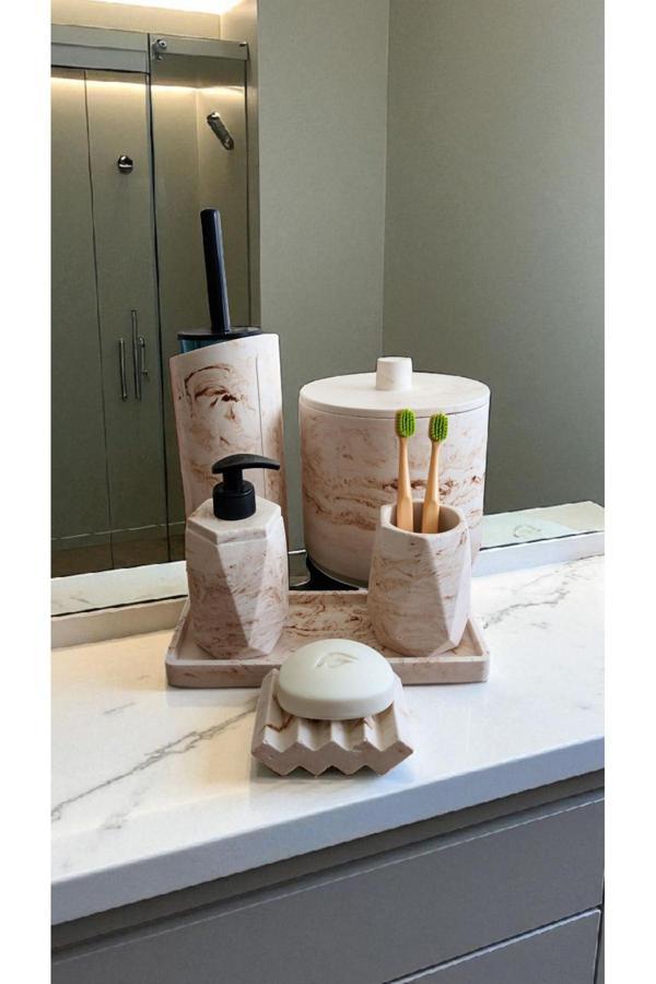 Trust Stone Mermer Desen Bej Çöp Kovasi,Banyo Seti Tuvalet Wc Sıvı Sabunluk Diş Fırçalığı Beton Aksesuar Takım - Image 1