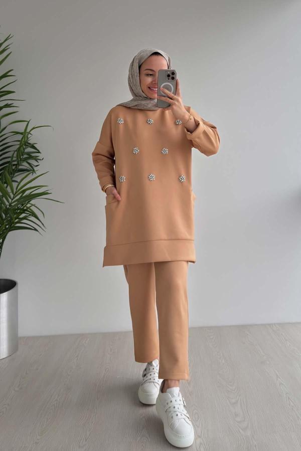 Bisiklet Yaka Taşlı Scuba Takım - Camel - Image 1