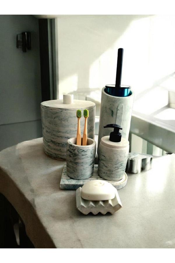 Trust Stone Yeşil Mermer Desen Beton Banyo Seti,Çöp Kovasi,Fırçalık,Katı,Sıvı Sabunluk,Diş Fırçalık,Mumluk - Image 1