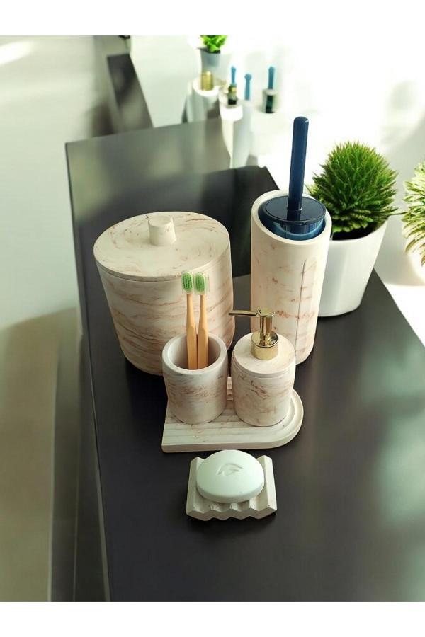 Trust Stone Mermer Serisi Kahve Bej Beton Banyo Seti,Çöp Kovasi,Tuvalet Fırçası Takimı - Image 1