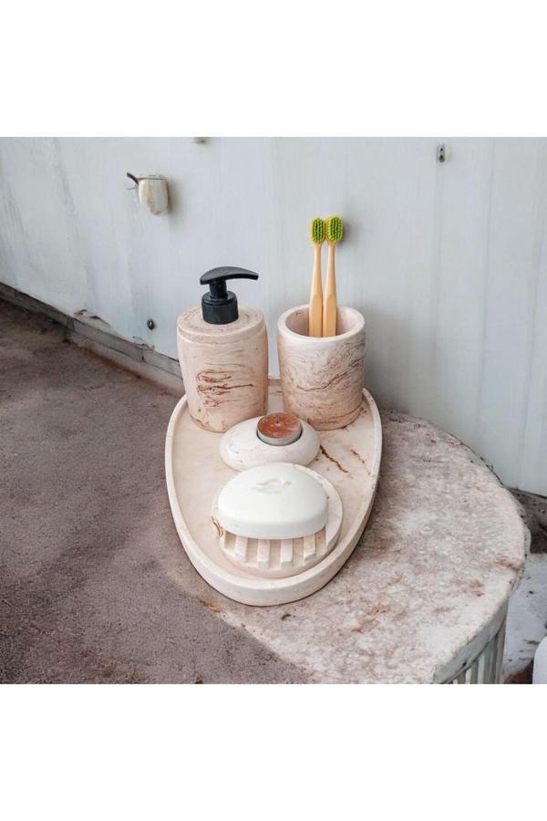Trust Stone 5'Li Mermer Desenli Beton Banyo Seti , Sıvı Sabunluk Diş Fırçalığı Aksesuar - Image 1