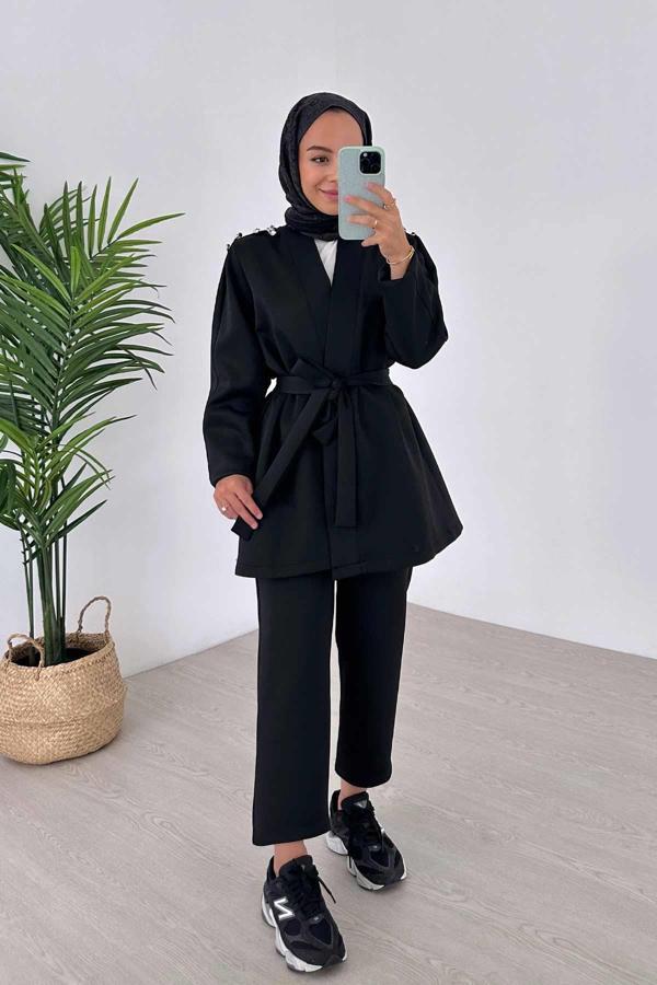 Omuz Detay İkili Kimono Scuba Takım - Siyah - Image 1