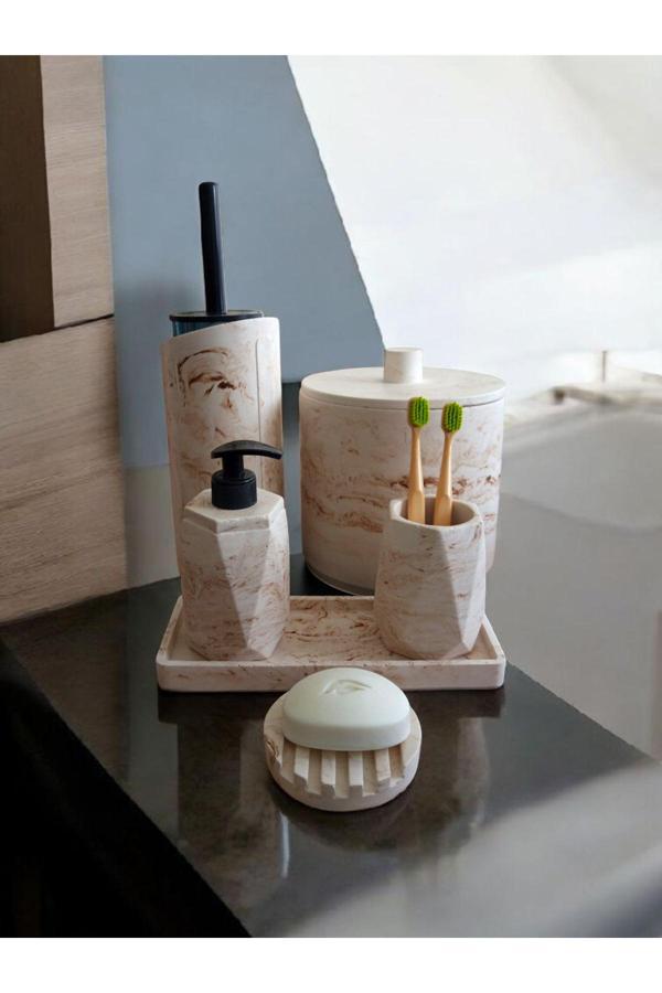 Trust Stone Mermer Desen Bej Çöp Kovasi,Banyo Seti Tuvalet Wc Sıvı Sabunluk Diş Fırçalığı Beton Aksesuar Takım - Image 1