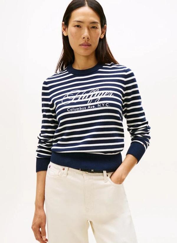 Tommy Hilfiger Pamuklu Penye Grafik Baskılı Bisiklet Yaka Uzun Kollu Kadın Mavi Kazak WW0WW473040BI - Image 1