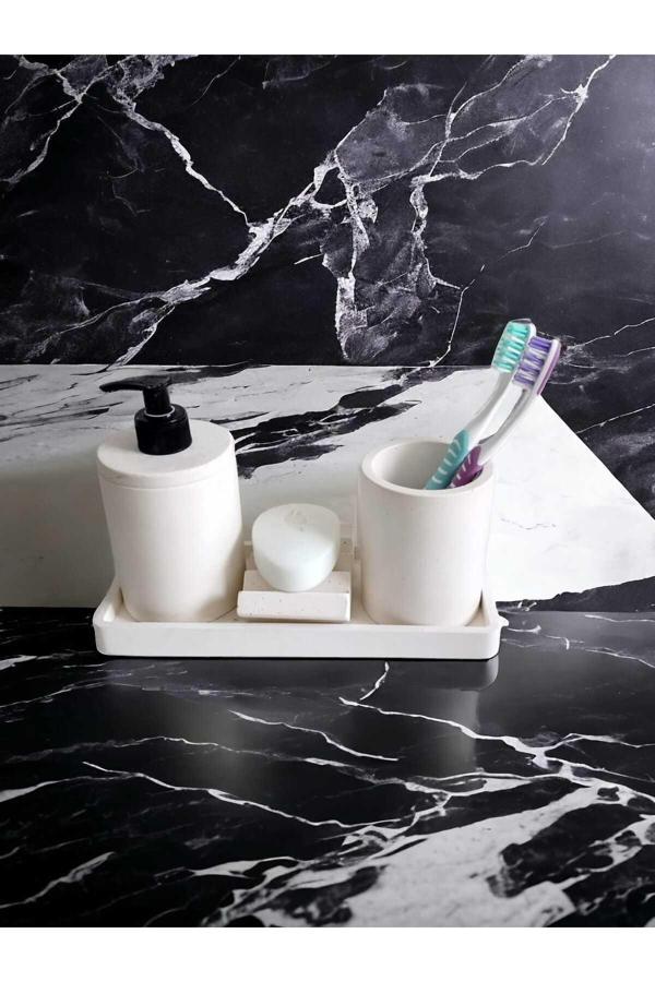 Trust Stone 4'Lü Kırık Beyaz Banyo Seti , Sıvı Sabunluk Diş Fırçalığı Beton Aksesuar Takım - Image 1
