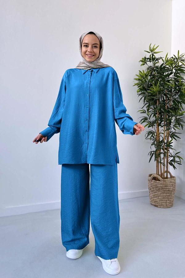 Bol Paça Gömlek&Pantolon Takım - Mavi - Image 1