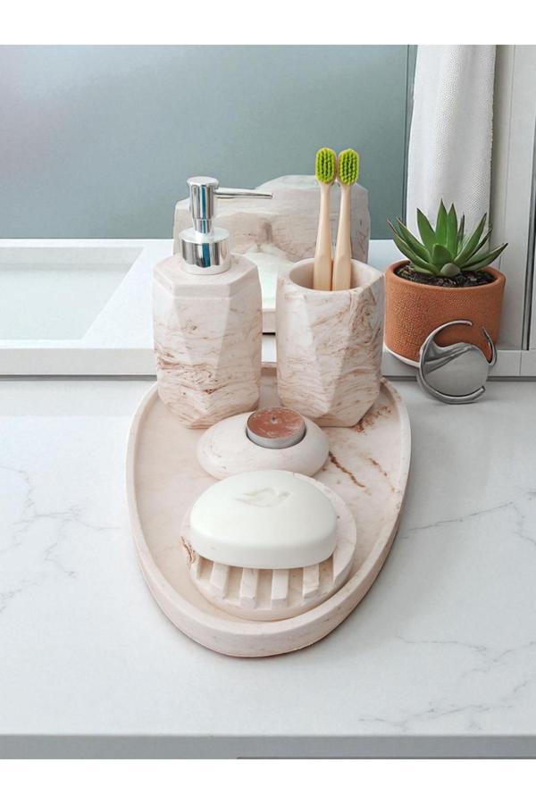 Trust Stone 5'Li Mermer Desenli Beton Banyo Seti , Sıvı Sabunluk Diş Fırçalığı Aksesuar - Image 1