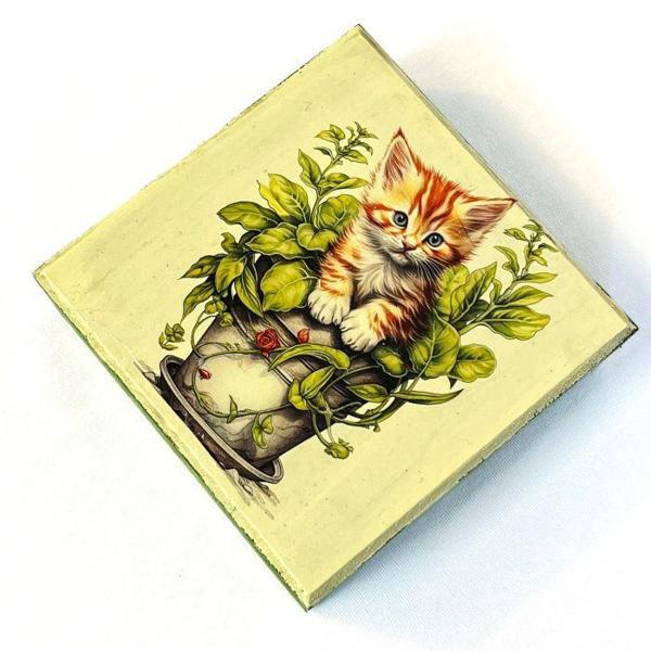 Uretti - Hülya 6683 3858 El Yapımı Nostaljik Retro Kedi Baskılı Kare Ahşap Dekoratif Saklama / Takı Kutusu - Yeşil - Image 1