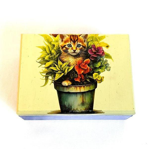 Uretti - Hülya 6683 2378 El Yapımı Nostaljik Retro Kedi Baskılı Kare Ahşap Dekoratif Saklama / Takı Kutusu  - Mavi - Image 1