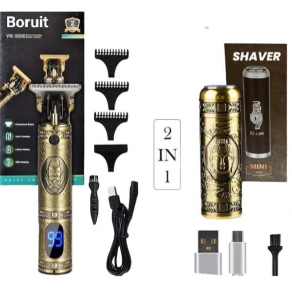 Boruit Pro 2 İN 1 Vintage Traş Makinesi Şarjlı Dijital Göstergeli Aliminyum Gövde - Image 1