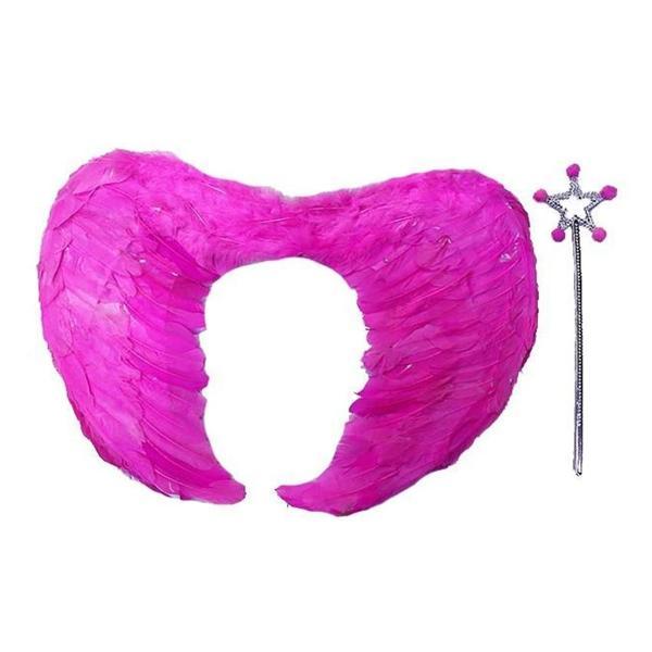 Gerçek Tüylü Katlanabilir Çocuk Pembe Melek Kanadı ve Asa Seti 40x55 cm - Image 1