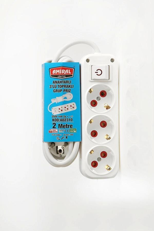 3 lü Topraklı Anahtarlı 2 Metre Kablolu Grup Priz - Image 1