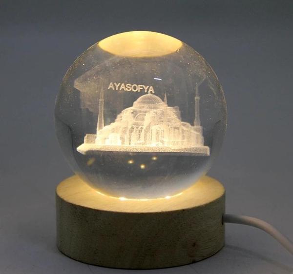 3d Kristal Cam Küre Ahşap Soketli İstanbul Temalı Led Lamba Alk2573 - Image 1