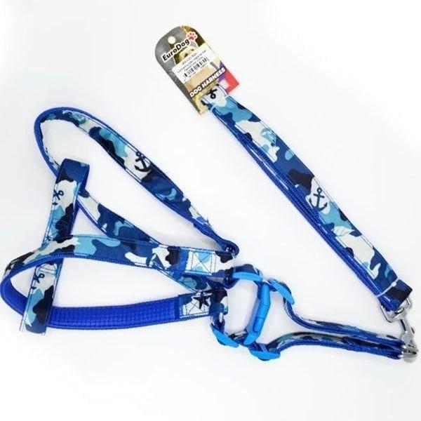 Euro Dog Köpek Uzatma Tasması ve Göğüs Tasması Takımı Mavi Kamuflaj 25 Mm 120 Cm - Image 1