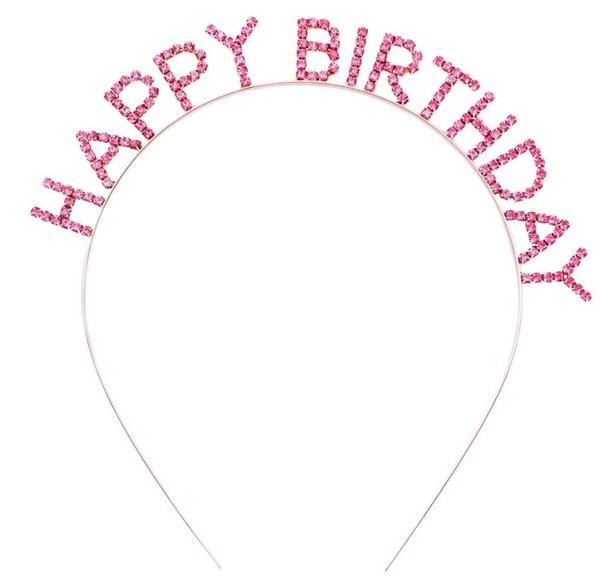 Pembe Renk Kristal Taşlı Gold Renk Kaplama Happy Birthday Taç 16x17 cm - Image 1