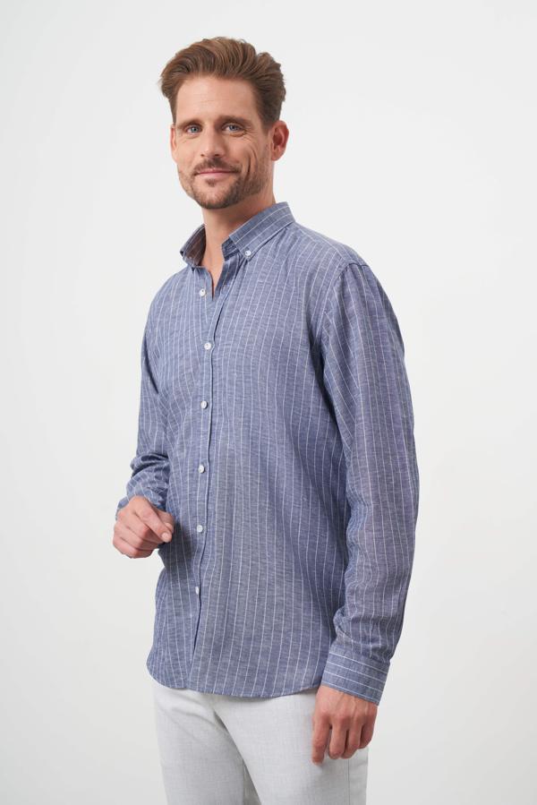  Erkek Lacivert Keten Çizgili Düğmeli Yaka Regular Fit Gömlek - Image 1