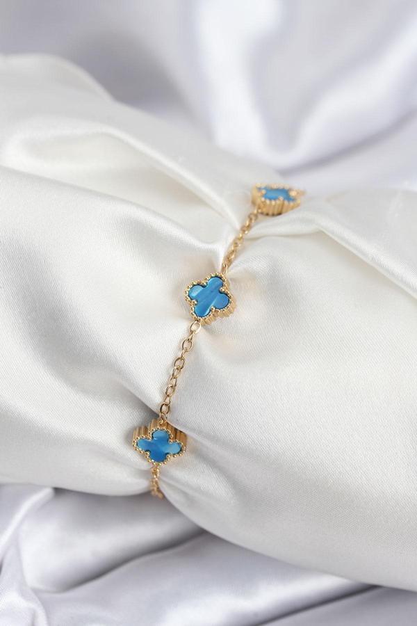 316L Çelik Gold Renk Buz Mavisi Baby Boy Yonca Kadın Bileklik 7948 - Image 1
