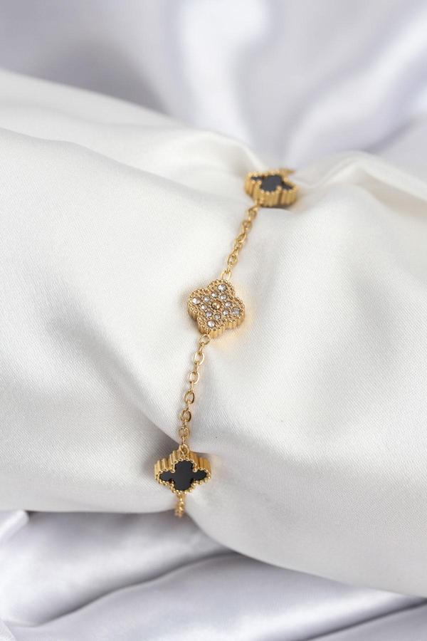 316L Çelik Gold Renk Siyah ve Zirkon Taşlı Baby Boy Yonca Kadın Bileklik 7953 - Image 1