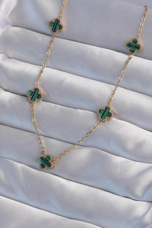 316L Çelik Gold Renk Minimal Yeşil Mineli Yonca Kolye - Image 1