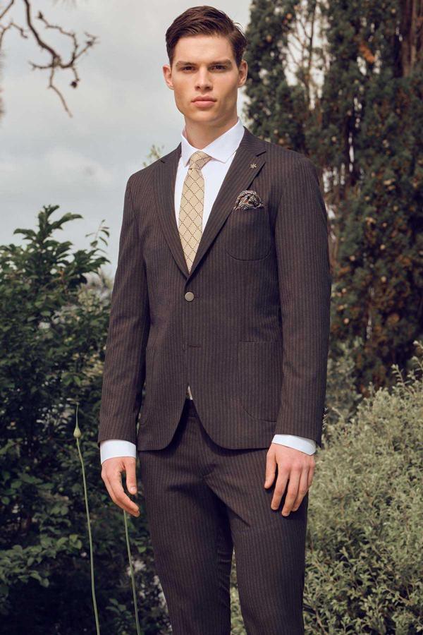  Erkek Lacivert Poliviskon Trend Çizgili Desen Slim Fit Mono Yaka Takım Elbise - Image 1