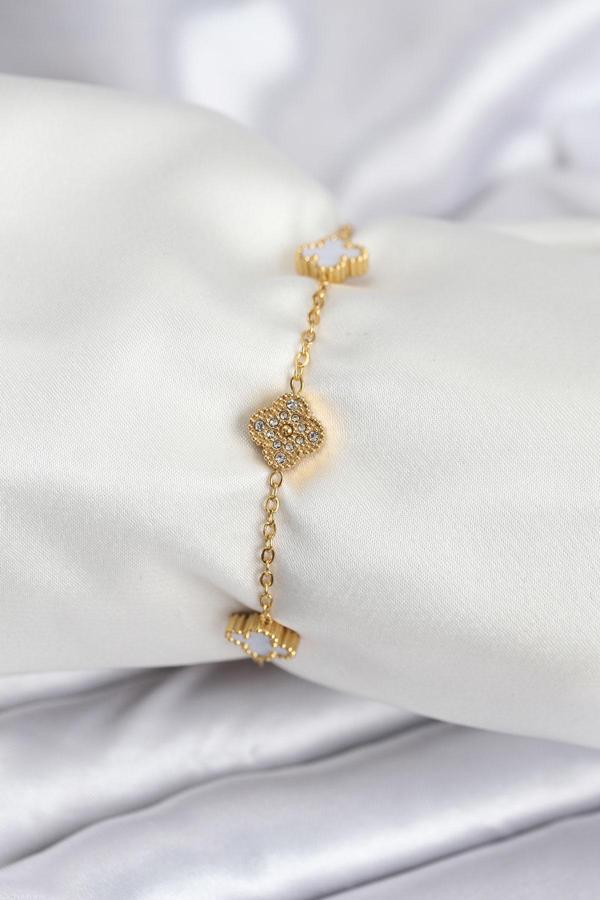 316L Çelik Gold Renk Beyaz ve Zirkon Taşlı Baby Boy Yonca Kadın Bileklik 7955 - Image 1