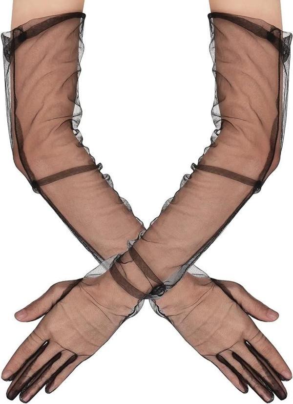 Uzun Boy Likralı Siyah Renk Yetişkin Mega Tül Eldiven 53 cm - Image 1