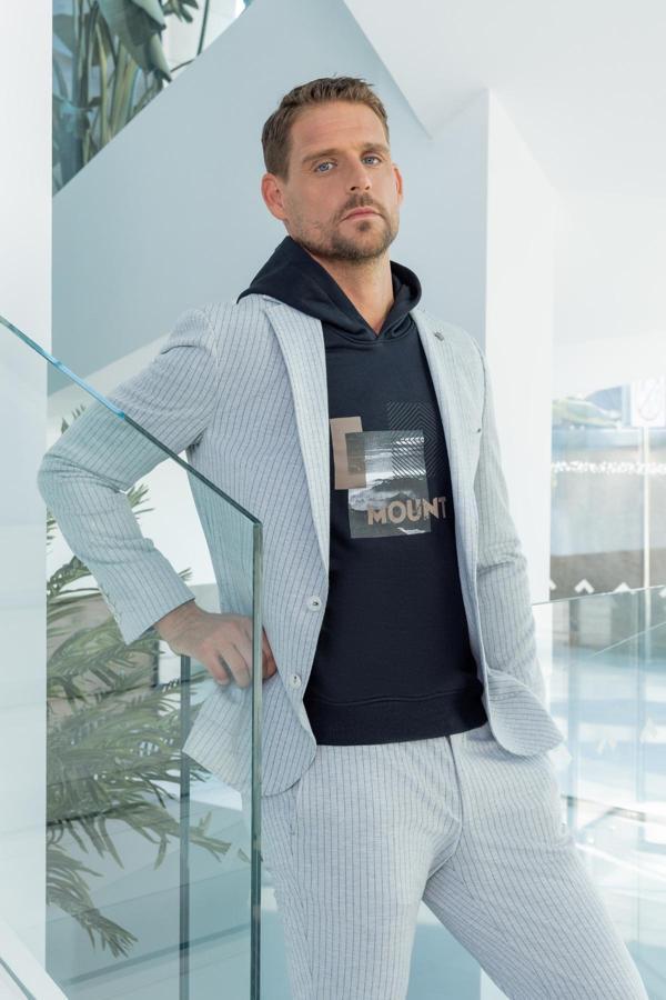  Erkek Gri Poliviskon Trend Çizgili Desen Slim Fit Mono Yaka Takım Elbise - Image 1