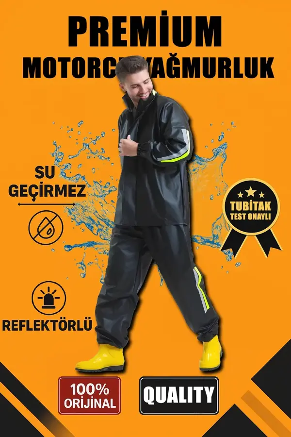 Premium Motorcu Kurye Yağmurluk Takım Su Geçirmez PVC Kumaş Reflektörlü TÜBİTAK Onaylı - Siyah - Image 1