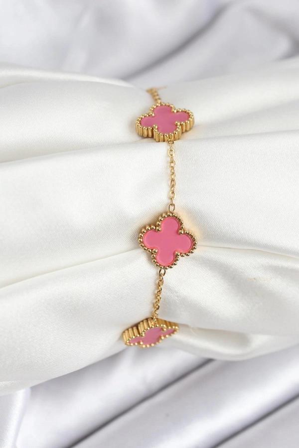 316L Çelik Gold Zincir Pembe Yonca Renk Bileklik - Image 1