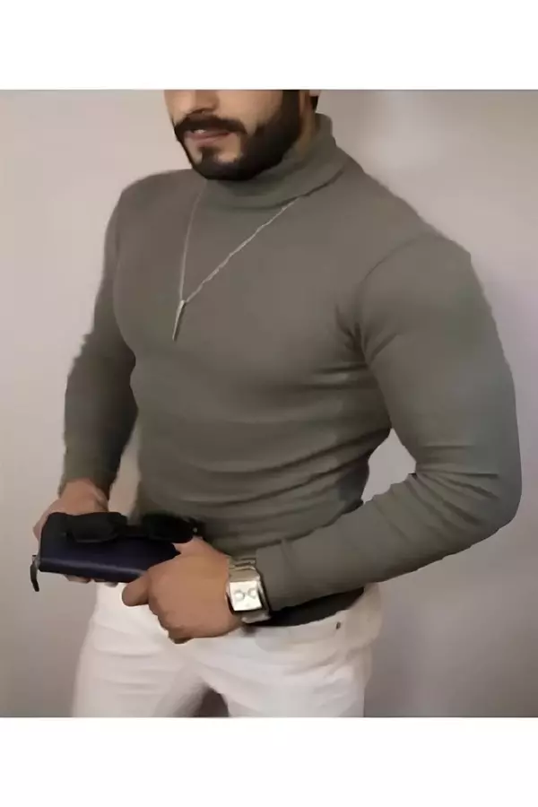 Erkek Kaşkorse Boğazlı Full Likralı Fitilli Body Kazak - Haki - Image 1