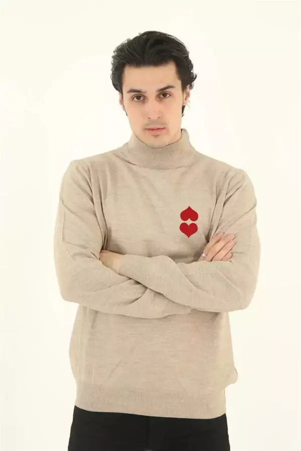 Unisex Yarım Boğazlı Baskılı Dokuma Triko - Bej - Image 1