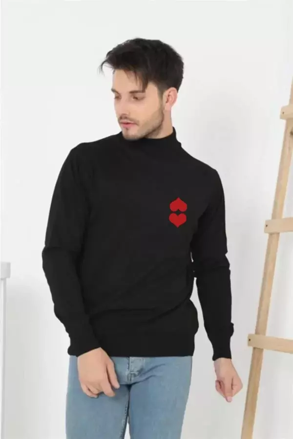Unisex Yarım Boğazlı Baskılı Dokuma Triko - Siyah - Image 1