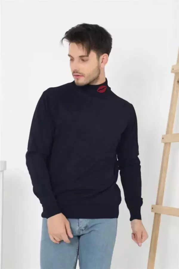 Unisex Yarım Boğazlı Baskılı Dokuma Triko - Lacivert - Image 1