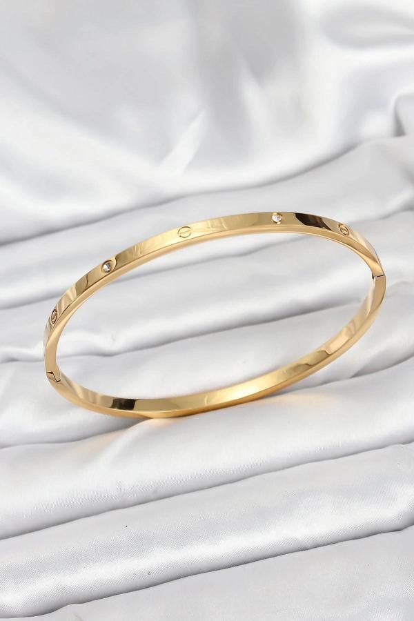 316L Çelik Gold Renk Zirkon Taşlı 65 mm İnce Kadın Kelepçe Bileklik - Image 1