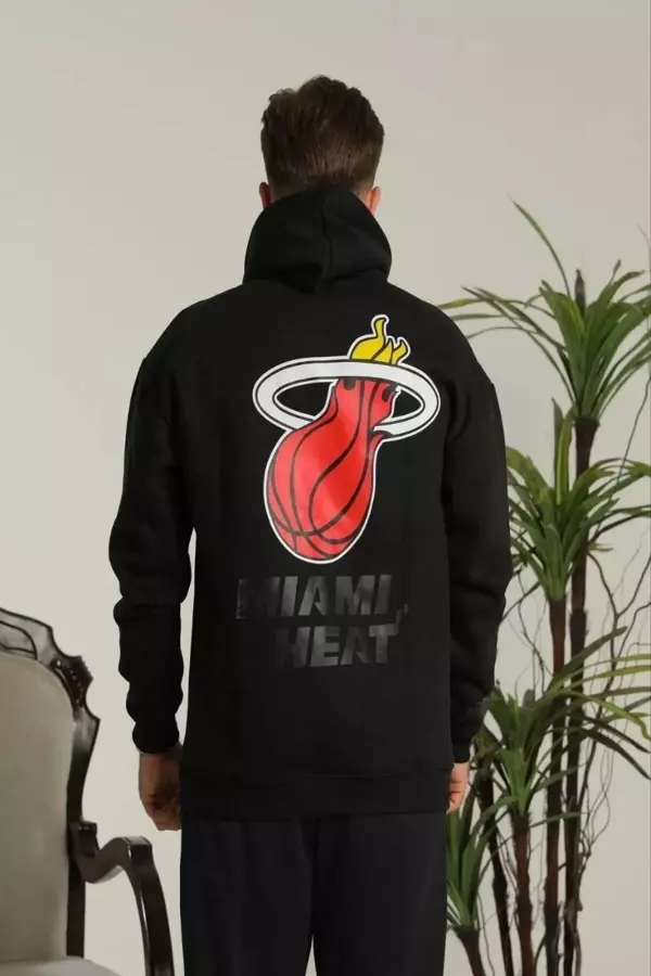 Erkek Sırt Baskılı Oversize Üç İplik Kapüşonlu Sweatshirt - Siyah - Image 1
