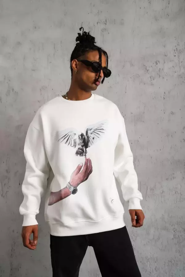 Erkek Güvercin Baskılı Sweatshirt - Beyaz - Image 1