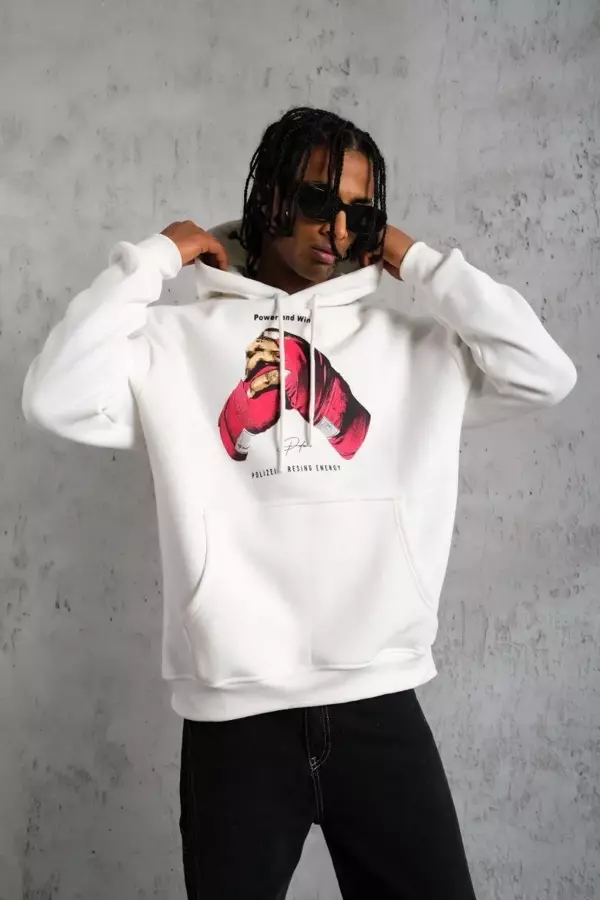 Erkek Eldiven Baskılı Kapüşonlu Sweat - Beyaz - Image 1