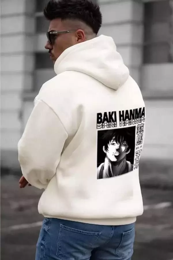 Erkek Baskılı Kapüşonlu ve Kordon İpli Sweat - Beyaz - Image 1