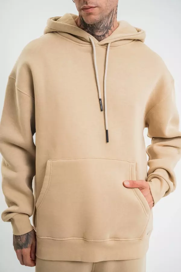 Unisex Double Oversize Kapşonlu Basic SweatShirt - Bej - Image 1