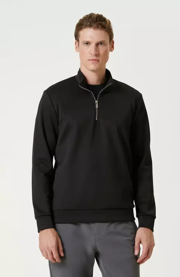 Unisex Uzun Kol Yarım Farmuarlı Yakalı Basic SweatShirt - Siyah - Image 1